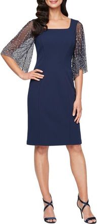 Alex Evenings Beaded Sleeve Stretch Crepe Cocktail Sheath Dress in Navy at Nordstrom, Size 16P