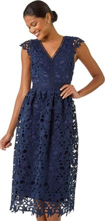 Roman Womens Premium Crochet Lace Midi Dress - Navy - Size 10 UK