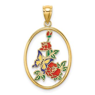 Diamond2Deal 14k Yellow Gold Enamel Yellow Butterfly in Oval Red Flower Charm