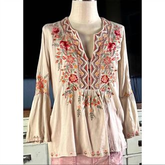 Johnny Was Alise Flare Sleeve Boho Blouse In Cream
