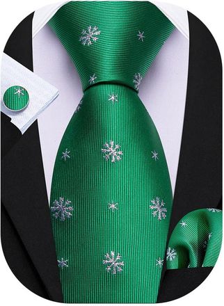 Barry.Wang Green Christmas Ties for Men Silk Xmas Snowflake Necktie Pocket Square Cufflinks Festival Party