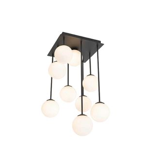 QAZQA Qazqa - Moderno L&aacute;mpara De Techo Moderna Negra Con Cristal Opal 9-luces - Athens Acero /vidrio Cuadrada Adecuado Para Led Max. 9 X 28 Watt