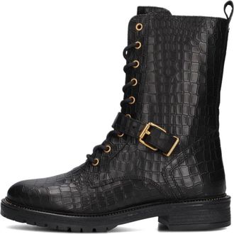 Omoda Zwarte Croco Print Veterschoenen - Dames - Veterlaarzen - Zwart - 38 EU - Schoenen