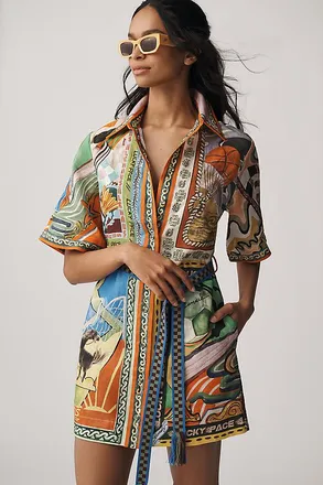 Alemais Lucky Pace Linen Short-Sleeve Belted Mini Shirt Dress