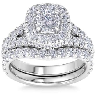 Pompeii3 3 1/2Ct Cushion Halo Split Ring Diamond Engagement Set in White Yellow Rose Gold