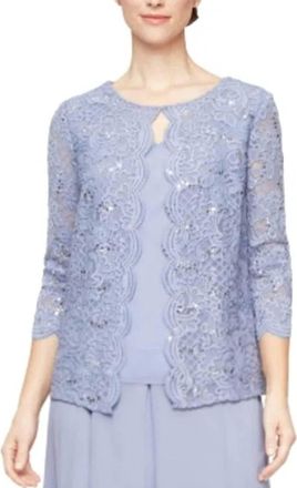Alex Evenings Sequin Lace Chiffon Scallop Trim Detail Faux Twinset In Lavender