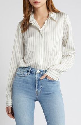 Frame Denim Stripe Patch Pocket Slim Fit Recycled Polyester Button-Up Shirt in Cypress Multi at Nordstrom Rack, Size X-Large