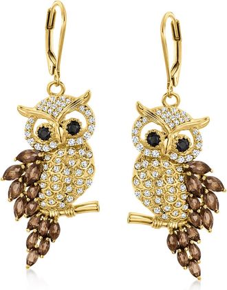 Ross-Simons Smoky Quartz, White Zircon and. Black Spinel Owl Drop Earrings in 18kt Gold Over Sterling