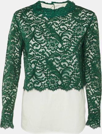 Sandro Green /white Cotton & Lace Overlay Malia Top