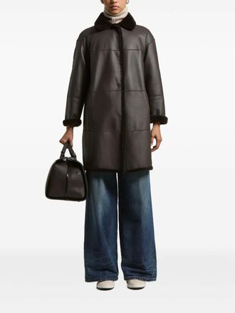 PESERICO faux fur-collar coat - women - Polyurethane/Polyester - 44 - Brown