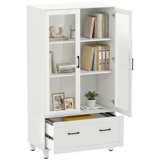 HOMCOM Homcom Archivador Vertical Con Puertas De Cristal Y Caj&oacute;n, 3 Estantes Y Barras Ajustables Para Archivos Tama&ntilde;o A4, Carta Y Legal, 75x40x141 Cm, Blanco