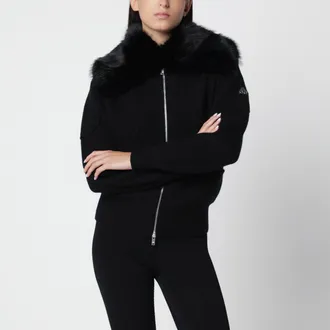 Moose Knuckles Cardigan nero in lana con collo in ecopelliccia