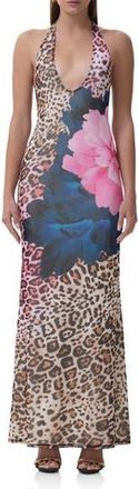 AFRM Paisleigh Mixed Print Halter Neck Maxi Dress in Animal Block Peony at Nordstrom Rack, Size X-Large