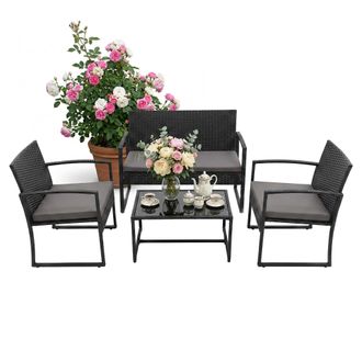 Relaxdays Relaxdays Set Jard&iacute;n 4 Pzs Rat&aacute;n, 4 Pers., Banco 2 Plazas, 2 Sillas, Mesa De Cristal, Lounge Exterior, Negro