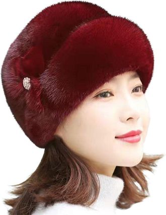 Generic Faux Fur Winter Hat for Women Elegant Bomber Hat with Flower Decor Thickened Luxury Warm Thermal Hats Wine