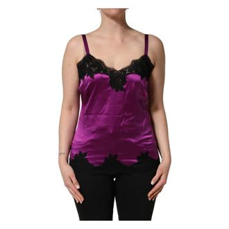 Dolce & Gabbana Sleeveless Tops, female, Purple, Size: XS Silk Lace Trim Sleeveless Tank