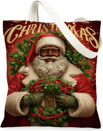 Generic Christmas Vintage Canvas Tote Bags, Festive Holiday Design Reusable Grocery Bags, Lightweight Washable Shoulder Strap Canvas for Shopping Travel Beach