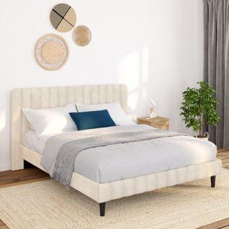 IDMarket Cama doble ANNIE con cabecero de terciopelo beige 140 x 190 cm