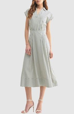 Mila Mae Stripe Collared Short Sleeve A-Line Midi Dress in Cream/Navy at Nordstrom Rack, Size Small