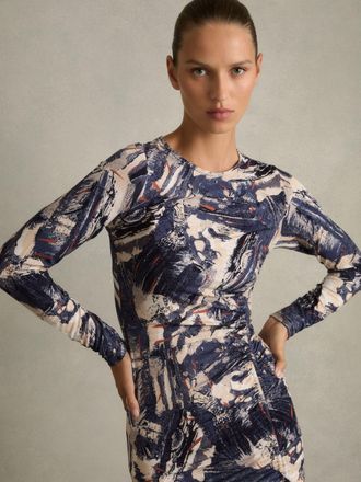 Reiss Womens Navy Blue & Cream Printed Ruched Midi Dress, Size: 6