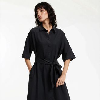 La Redoute Collections Lange overhemdjurk met riem en korte mouwen