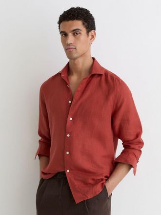 Reiss Brick Red Linen Cutaway-collar Regular-fit Shirt, Xxl