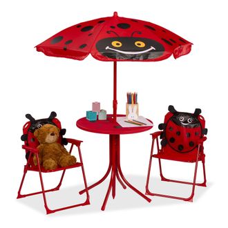 Relaxdays Relaxdays - Mobiliario Infantil Jard&iacute;n, Estampado Mariquita, Sombrilla De Playa, Sillas Plegables, Mesa Para Ni&ntilde;os, Rojo