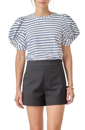 English Factory Stripe Puff Sleeve Stretch Cotton Top in White/Blue at Nordstrom, Size Small
