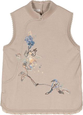 Shiatzy Chen floral-embroidered knit vest - women - Wool/Mulberry Silk/Polyester - 40 - Brown