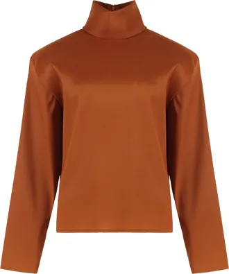 Saint Laurent Womens Long-Sleeve Silk-Blend Blouse Caramel Blouses Shirt