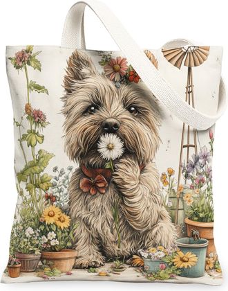 Generic Spring Cairn Terrier Dog Canvas Tote Bag for Shopping 13x15, Farmhouse Country Puppy Reusable Grocery Print Bag for Women, Farm Pet Beach Aesthetic Pa