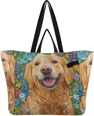 Generic Golden Flower Dog pattern Reusable Canvas Tote Bag, Heavy Duty Grocery Shopping Bag with Double Handles Hard Bottom Large Capacity Work Groceries Trav