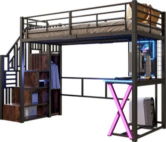 STILVORA Cama Alta Individual Con Led, Escalera Con Almacenaje, Escritorio, Armario, 90 X 200 Cm, Sin Colch&oacute;n
