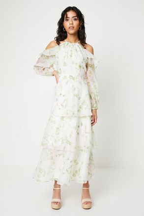 Oasis Womens Petite Rose Floral Organza Cold Shoulder Midi Dress - Ivory - Size 12 UK