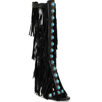 Azalea Wang Amadeo Knee High Fringe Sandal in Black at Nordstrom, Size 8.5