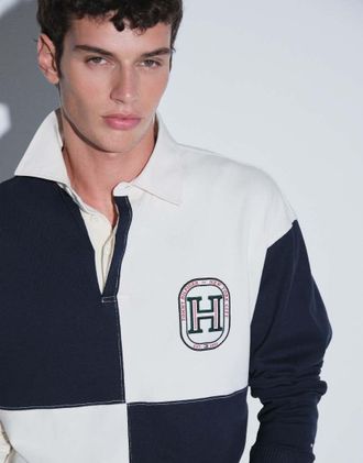 Tommy Hilfiger Camicia stile rugby color crema con logo stile college a scacchi-Bianco