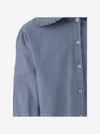 Babe & Tess Girls Cotton Shirt With Ruffled Collar Light Blue Blouses And