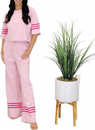 Entro Luna Short Sleeve Knit Top And Wide Leg Pants Set In Pink