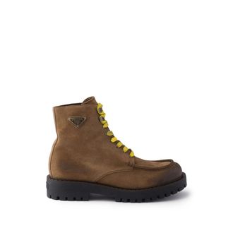 Prada Aged Suede Lace-up Ankle Boots