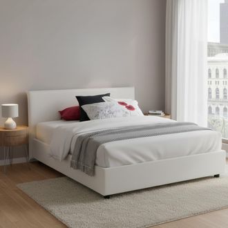 Dmora Dmora - Cama Matrimonial Dacut, Cama Contenedor Con Tapizado En Ecopiel, 100% Made In Italy, Apertura Frontal, Con Colch&oacute;n Cm 140x190 Incluido, Blanco