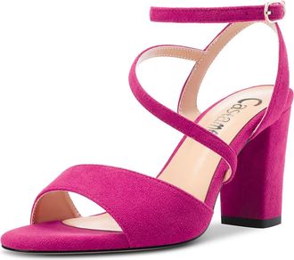 Castamere Women Chunky Block High Heel Peep Open Toe Ankle Strap Sandals Dress Wedding 8 CM Heels Magenta Peach Red Suede A 3 UK