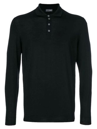 Drumohr Black Long-Sleeved Wool Polo Shirt