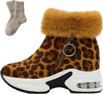 Generic Chunky Platform Winter Boots, 3.15 Inch Height Increase Non-Slip Short Tube Plus Velvet Cozy Warm Women Snow Boots (Leopard Yellow, Adul, Adult, Women