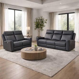 Aspire Home Accents Rivington Real Leather Power Recliner 3+2 Sofa Set with USB Charging in Charcoal