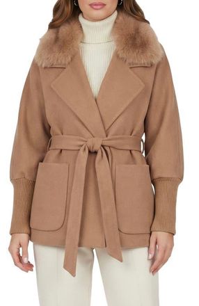 Gorski Fabric Jacket With Detachable Genuine Shearling Collar, Belt in Camel at Nordstrom, Size X-Large