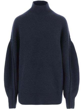 Carven Navy Voluminous-Sleeve Ribbed Cashmere Turtleneck