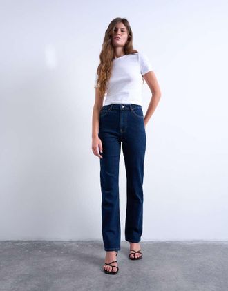 Topshop Dree - Jeans slim dritti a vita alta indaco rinse wash-Blu