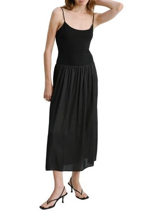 Mango Lace-Up Back Drop Waist Mixed Media Dress in Black at Nordstrom, Size 10