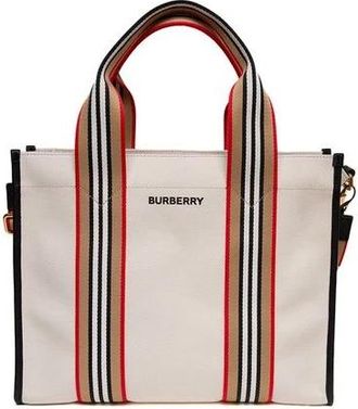 Burberry Small Icon Stripe Trim Canvas Tote - Dames - Tassen - Beige - Maat: ONE Size Katoen