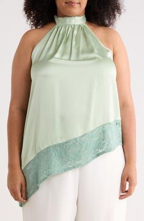 Renee C Sleeveless Lace Trim Satin Asymmetric Top in Pistachio at Nordstrom Rack, Size 1X